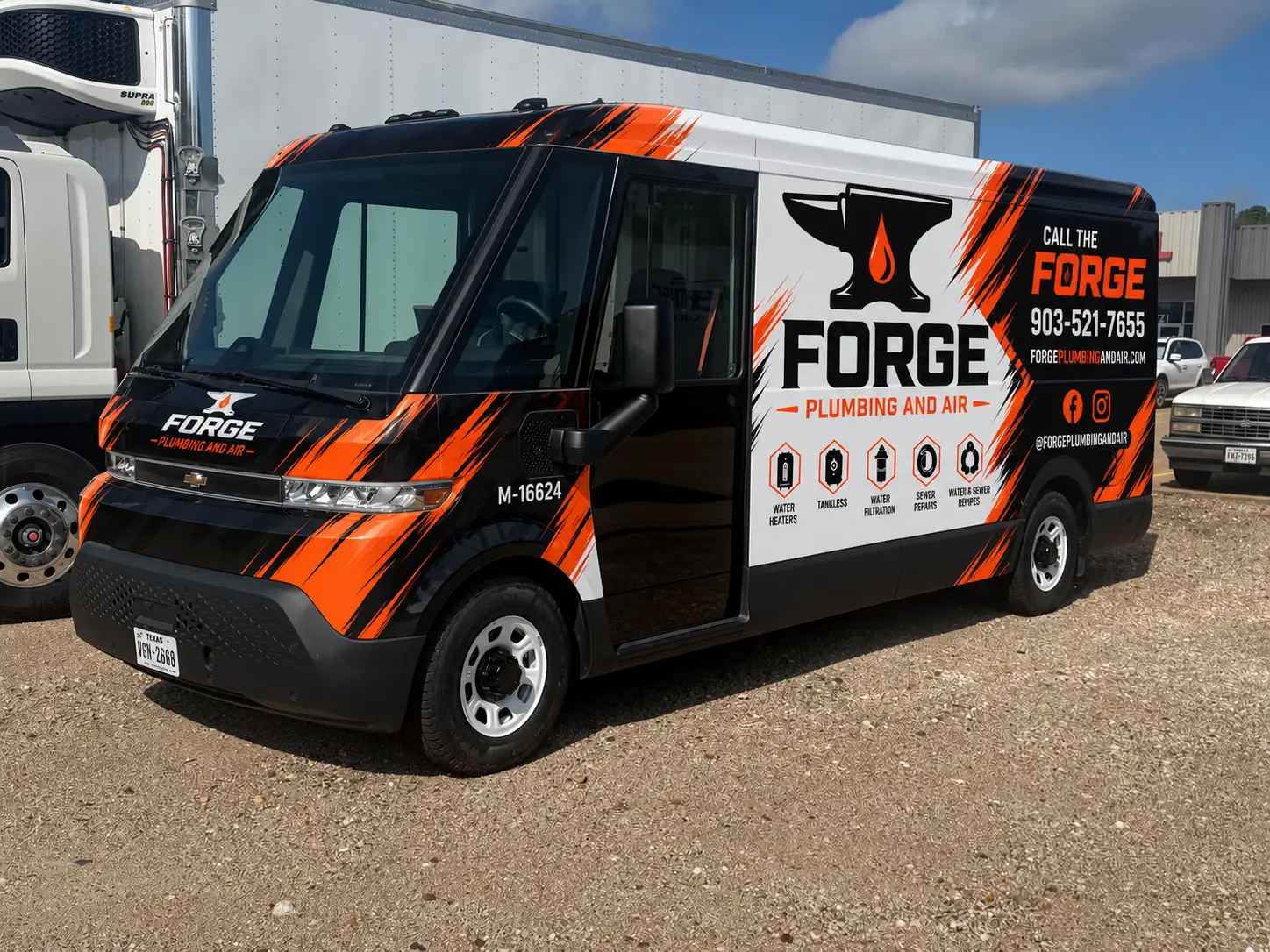 Forge Plumbing & Air wrapped service van — black and orange FORGE wrap with copper anvil logo — parked at the shop
